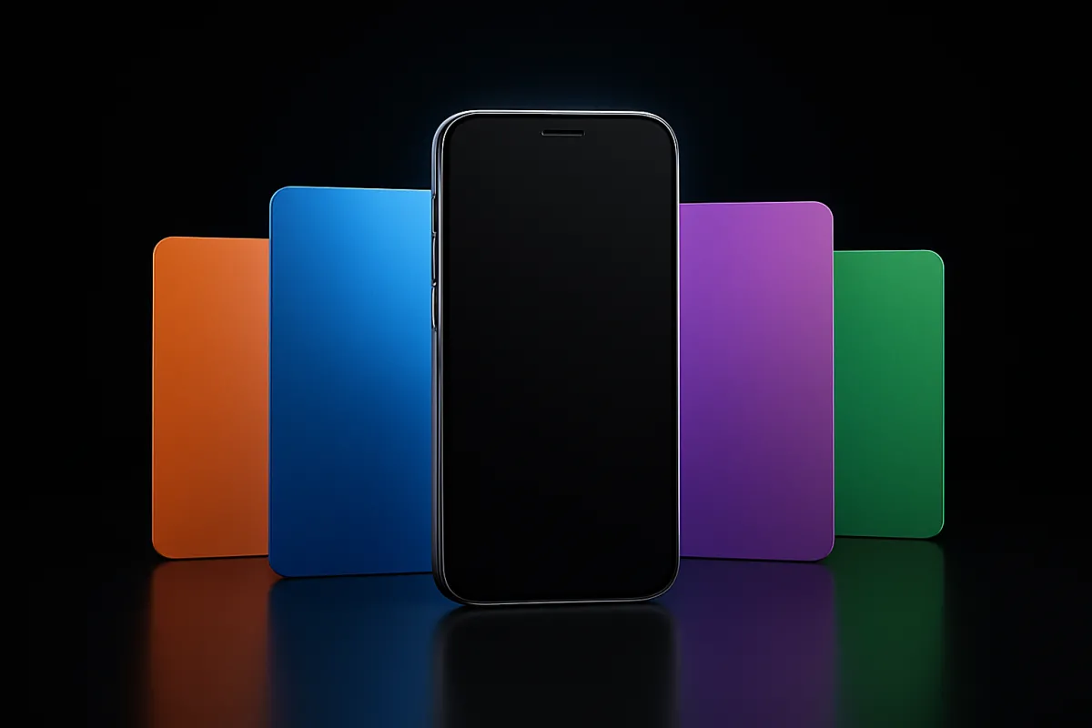 Un smartphone affiche plusieurs visuels publicitaires colorés aux compositions différentes.