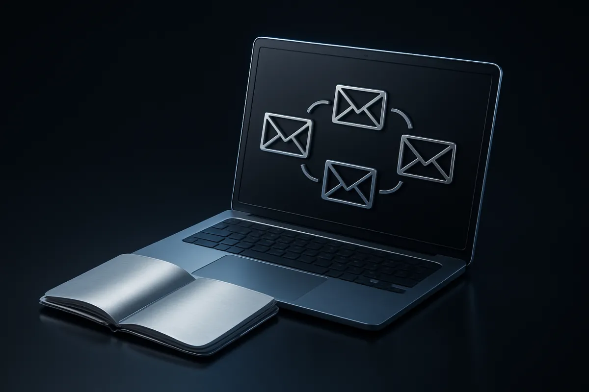 Carnet et ordinateur illustrant une séquence d’emails organisée pour une activité de formation en ligne.