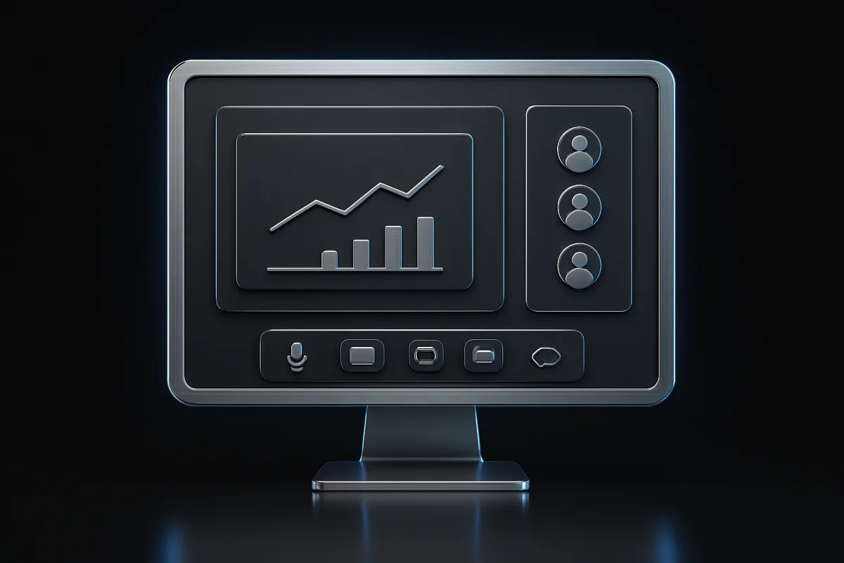 Interface de webinaire sur un écran, avec présentation, participants et commandes de diffusion.